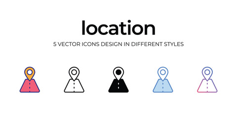 location Icon Design in Five style with Editable Stroke. Line, Solid, Flat Line, Duo Tone Color, and Color Gradient Line. Suitable for Web Page, Mobile App, UI, UX and GUI design.