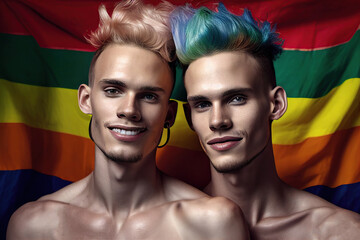 Fototapeta premium Portrait of a couple of gay guys, nude, color hair with a colorful background of rainbow flag. Concept of freedom. Generated by AI