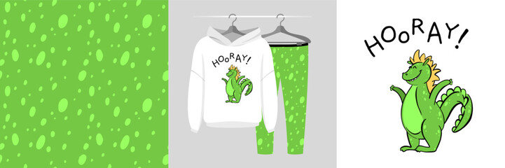 Seamless pattern and illustration for a kid with dragon, text Hooray! Cute design pajamas on the hanger. Baby background for fashion wear, t-shirt print, baby shower, wrapping