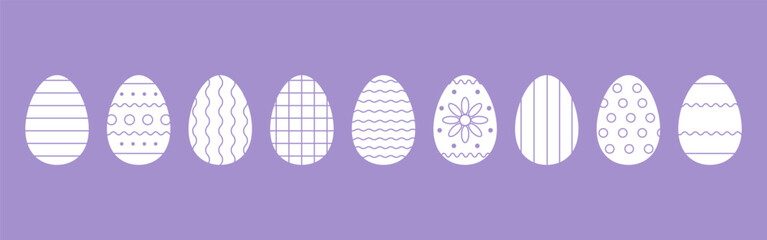 Set of carved Easter eggs decorated with ornaments. Template for postcards, banners, scrapbooking. Fashionable lavender background. Festive vector illustration