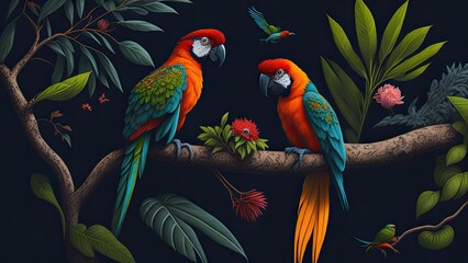 Fototapeta premium Illustration of a tropical rainforest with parrots