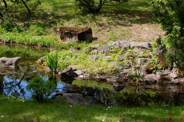A mountain river flows down the rocks. Environmentally friendly nature