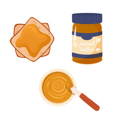 Set of elements Peanut butter jar, toast and bowl for cooking sweet breakfast. Toasts with peanut paste. Healthy protein food. Flat vector icons isolated on white background