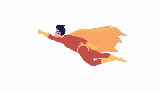 Animated flying hero with cloak. Brave superhero saving world. Man with superpowers. Flat character animation on white background with alpha channel transparency. Color cartoon style 4K video footage