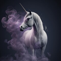 Unicorn in smoke. Unicorn with smoke on a dark background. Mythical creature. Generative AI.