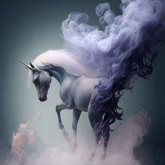 Unicorn in smoke. Unicorn with smoke on a dark background. Mythical creature. Generative AI.