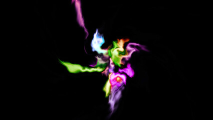 A glowing bright tunnel made of paint. Motion. Black background with splashed multicolored paint made in 3d format.