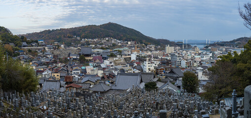 Naklejka premium 日本 広島県尾道市の猫の細道から見える街並み