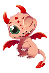 Vector cute dragon stands on its hind legs, winks at you. Cheerful dragon of beige color with red wings and horns
