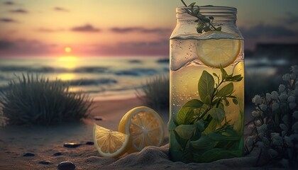 Lemonade drink of soda water lemon and mint leaves sum. Generative AI
