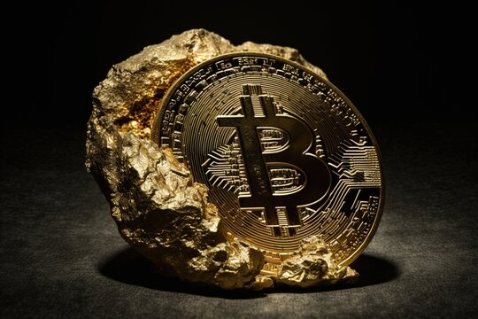 gold nugget with bitcoin symbol photographed in a dark studio, generative AI
