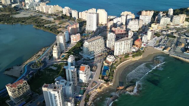 Drone views of the Mediterranean town of Calpe, located on the Alicante coast.Rest on the Costa Blanca.
 Calp, Alicante, Spain.