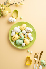 Easter atmosphere concept. Top view vertical photo of green plate with lot of colorful easter eggs...