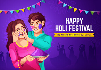 Obraz na płótnie Canvas Illustration of abstract colorful Happy Holi background card design. India Couple with colorful Holi powder on dark purple background for poster, flyer, brochure and social media. Indian festival.