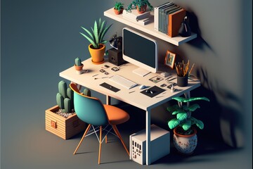 Working space with computer, bookshelf, lamp and potted plants