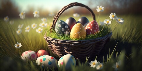 Easter basket with eggs and flowers, generative ai