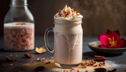 Vanilla cafe latte with sprinkle of cinnamon. Frothed milk in cappuccino. Milkshake with foam and cream in transparent tall glass. Dark food style photography. Banner illustration. Generative AI.