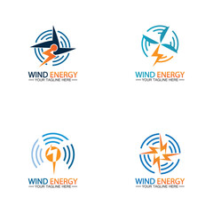 Wind energy logo. renewable energy icon with wind turbines and thunder bolt isolated on white background