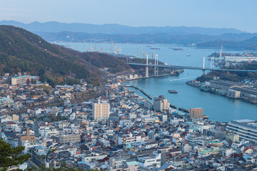 日本　広島県尾道市の千光寺頂上展望台から見える尾道水道と尾道大橋と尾道の街並み