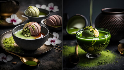 Matcha dessert. Pistachio ice cream dipped in matcha milk shake that pours over dark cup. A sweet snack in a restaurant. Dark composition. Food style photography on textured background. Generative AI.