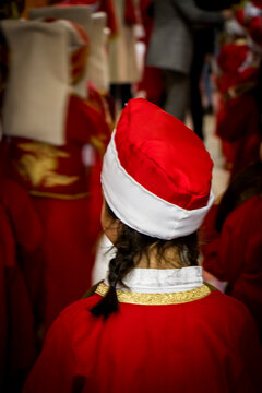 Children dressed in Janissary Band outfits are preparing for the ceremony on April 23, Children's Day. Stock Photo.