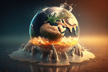 Conceptual of climate change and global warming with melting icebergs, rising sea levels, and extreme weather events. Generative AI