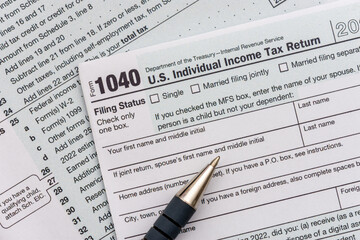 US individual Income tax return document. People have to fill the 1040 form every year to declare their income from the previous year to the Internal Revenue Service of the Department of Treasury 