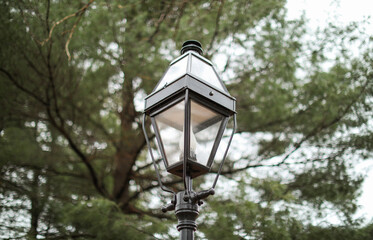 Fototapeta na wymiar Street lamp post in the blue sky in the city and park 