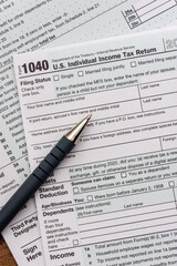US individual Income tax return document. People have to fill the form 1040 every year to declare their income from the previous year to the Internal Revenue Service of the Department of Treasury 