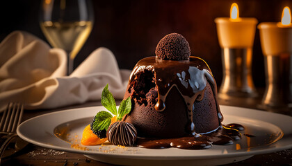 Chocolate lava cake. Dessert with topping and sprinkles served on a plate in restaurant. Exclusive cake in a dark composition. Advertising illustration. Food style photography. Generative AI.