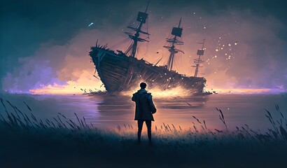night scenery of a man with magic lantern standing in field looking at shipwreck, digital art style, illustration painting, Generative AI