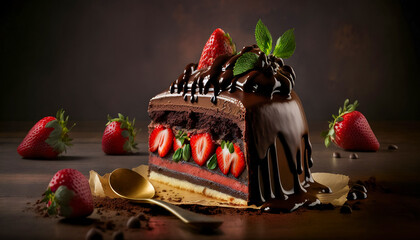 Layered chocolate cake with icing and fruit. Strawberry dessert in a piece on a plate in a dark composition. Graphic illustration of a tasty cake. Food style photography. Generative AI.