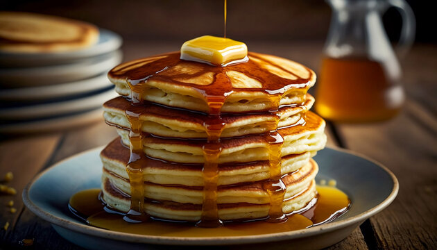 A stack of pancakes topped with honey or maple syrup on the plate. Closeup of a sweet breakfast with butter. Advertise banner illustration. Food style photography. Natural light. Generative AI.
