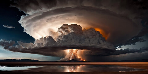 Huge thunderclouds with lightning discharges. Tornado with lightning above the earth's surface. Atmospheric, weather illustration. Climate changing. Generative AI. 