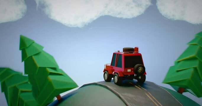 Seamless loop - low poly cartoon red SUV camper driving through a forest road. Travel concept