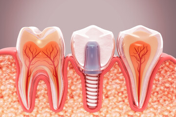 Dental implantation, jaw bones and healthy roots, implant screw and abutment, dentist and orthodontist treatment, 3d illustration