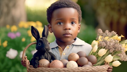 a little black boy smiles in a park filled with easter eggs and bunnies, Generative AI
