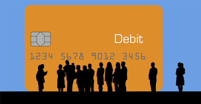 A silhouetted crowd of people huddle around a huge debit/credit card as if to admire the new offering to the credit card family. This is a vector