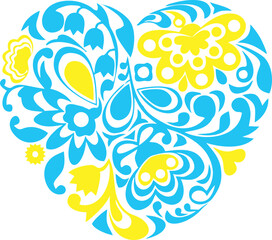 Fototapeta na wymiar Ornate vector heart in line art style. Elegant element for logo design. Lace floral illustration for wedding invitations, greeting cards, Valentines cards. Light outline pattern. Heart of Ukraine