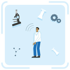 A concept of scientific research and technology, a scientist with a microscope, gears, test tubes and a crystal lattice. Flat vector illustration