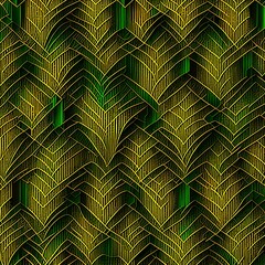 Art deco geometric seamless vector pattern. Gold and green peacock abstract feathers texture - generative ai