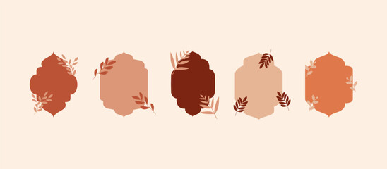 Collection of oriental style Islamic ramadan kareem windows and arches with modern style design, door mosque, mosque dome and lanterns. Ramadan illustration.