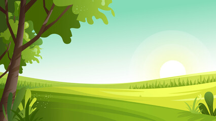 Green meadow landscape with sunrise on the horizon, nature scenery vector illustration