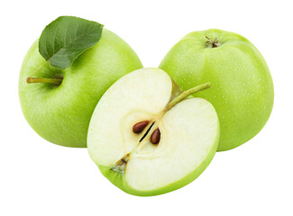 Group of ripe green apple fruits with apple half and green apple leaf isolated on transparent background