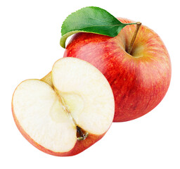 Ripe red apple fruit with apple half without seeds and apple leaf isolated on transparent background