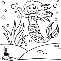 Funny mermaid cartoon characters vector illustration. For kids coloring book.