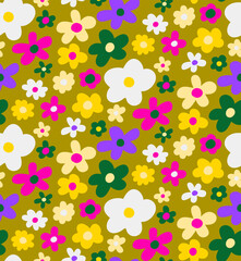 Abstract Hand Drawing Multi Color Simple Cute Ditsy Daisy Mix Flowers Seamless Vector Pattern Isolated Background