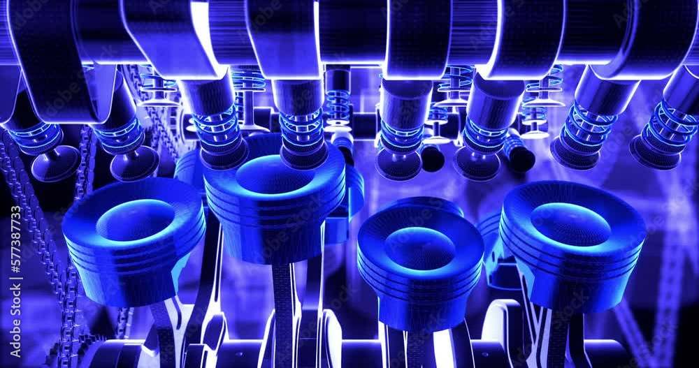 Poster V8 Engine Pistons Moving Up And Down. Crankshaft In Motion. Machines And Industry Related 4K 3D Animation.