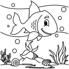 Funny fish cartoon characters vector illustration. For kids coloring book.