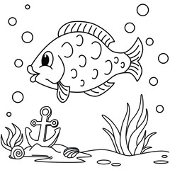 Funny fish cartoon characters vector illustration. For kids coloring book.
